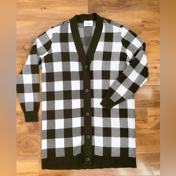 Anthropologie Sita Murt Olive Green White Checker Long Sweater Cardigan Oversize - Picture 5 of 12